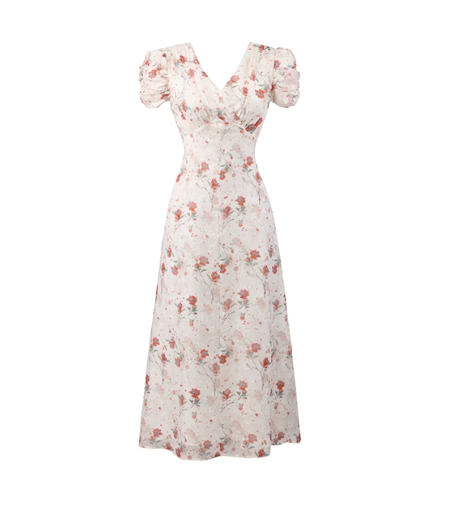 Begonia floral V-neck dress new French gentle puff sleeve temperament design long dress R0117