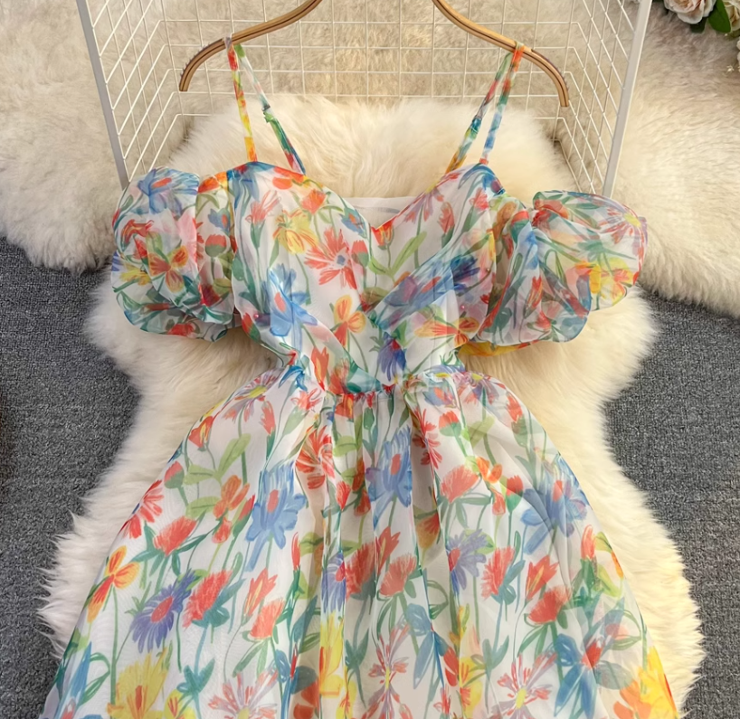 Beach vacation floral suspender skirt fashionable waist slim backless a-line printed chiffon dress R0331