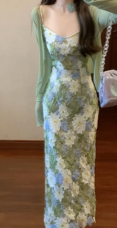 Gentle green floral suspender dress with beautiful temperament waist long skirt R0654