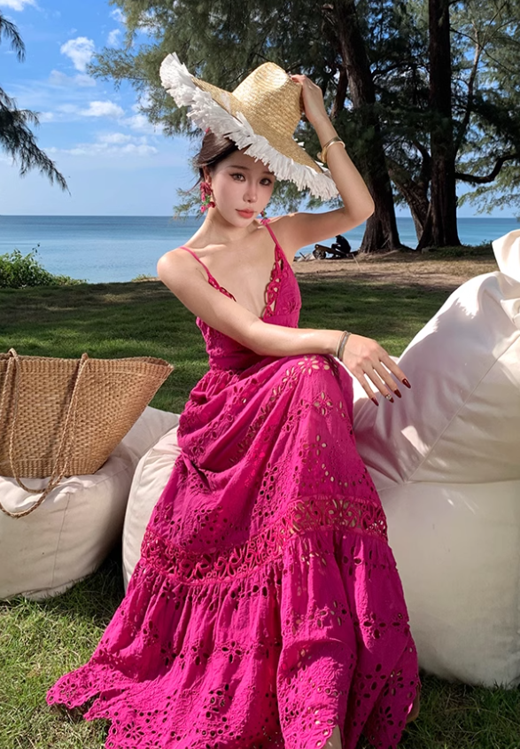 French retro heavy hollow flower embroidery design rose red suspender dress waist lace long skirt R0205