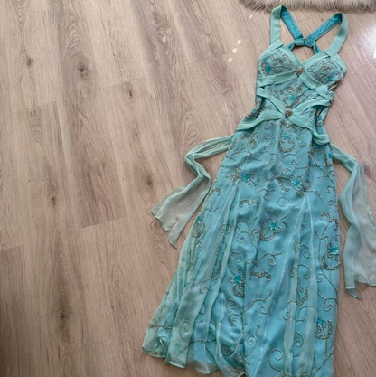Classy Light Blue V Neck Chiffon Beaded Mermaid Long Party Dress Backless Evening Gown