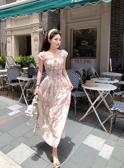 Long waist square neck printed suspender dress for women summer French temperament skirt R4745