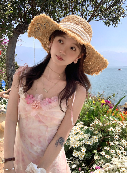 Pink long atmospheric mesh halter dress for women, a summer French retro slimming dress R4788