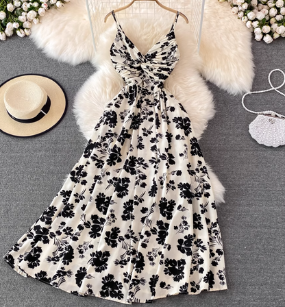 Beach dress super fairy seaside vacation long skirt V neck A line suspender dress R0342