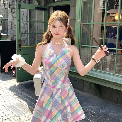 Colorful halter neck slim waist A-line short skirt R3246