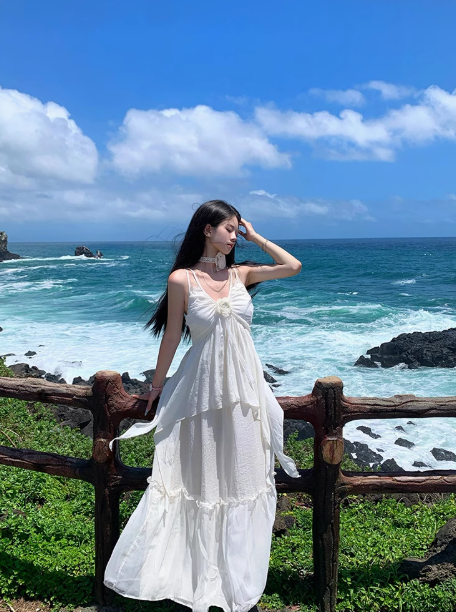 French style white suspender dress seaside holiday atmosphere long dress R0242