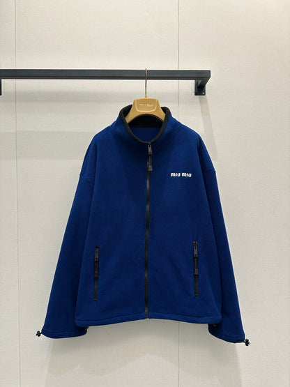 Miu Embroidered Fleece Hooded Zip-Up Jacket Dark Blue Cashmere 346106