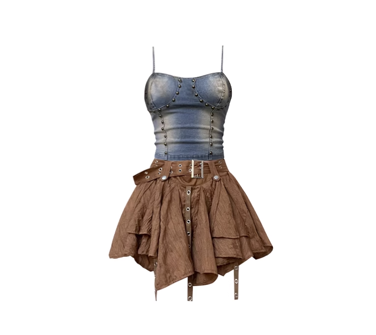 Sweet and cool hot girl style heavy rivet denim camisole new irregular pleated skirt two-piece set R0088