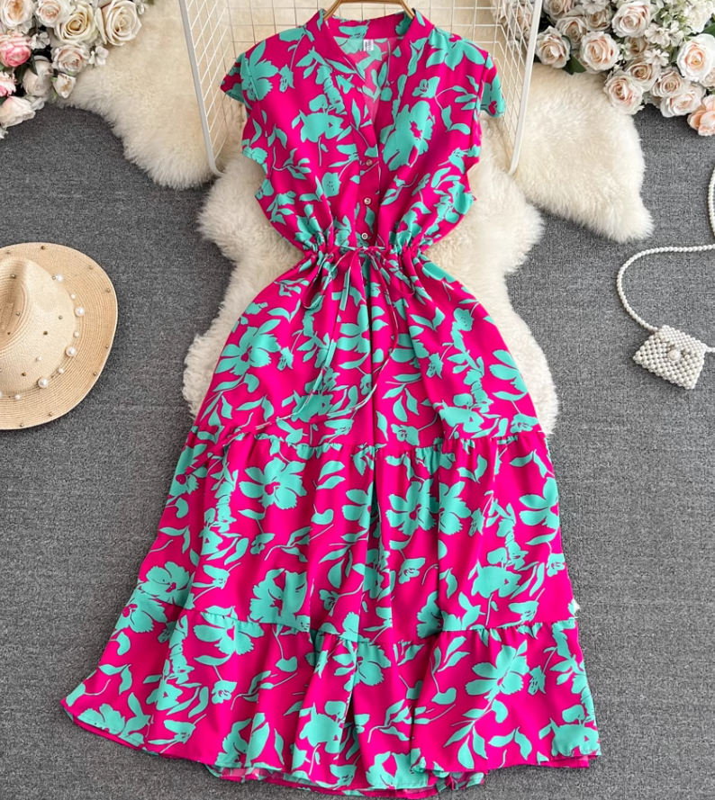 High-end, light luxury temperament flying sleeves V-neck waist slimming A-line ruffled printed dress R0353