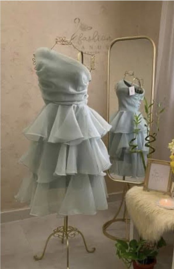 Elegant One Shoulder Blue Layered Homecoming Dress Mini Party Gown  cc1718