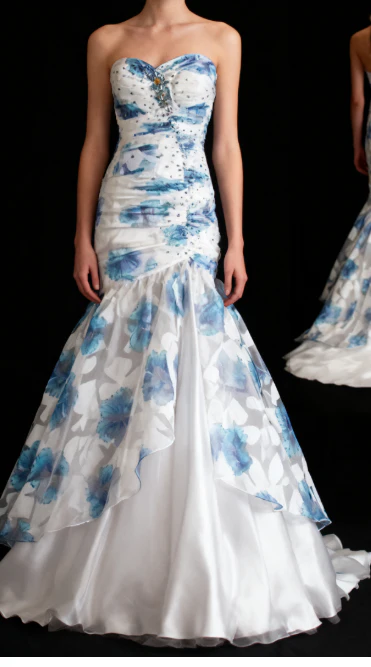 Elegant Sweetheart Neck Blue Tulle Print Floral Mermaid Long Prom Dresses Birthday Party Dress  D1516