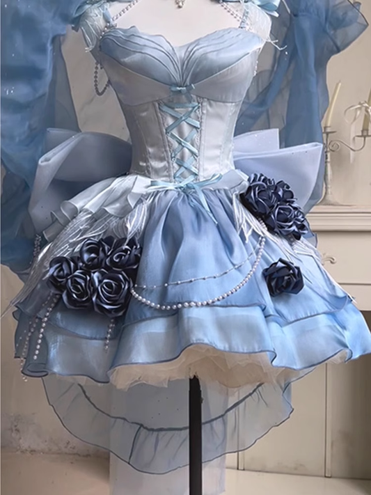 Cute Ball Gown Blue Satin Short Birthday Dresses Birthday Outfits