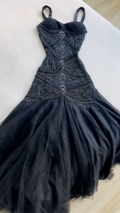 Vintage Navy Blue Spaghetti Straps Tulle Beaded Mermaid Long Evening Dress Party Gown