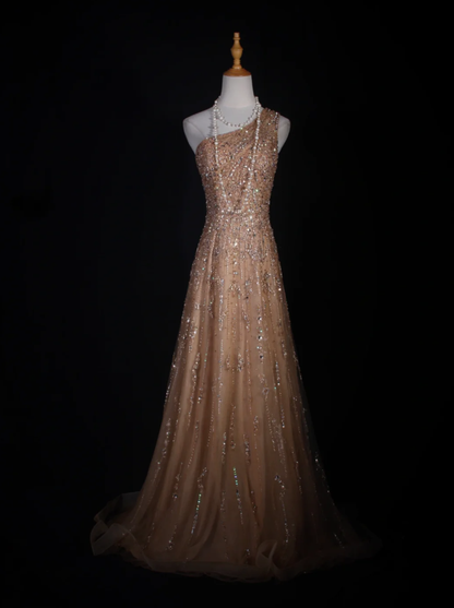 Luxury Champagne One Shoulder Tulle Sequin Beaded Mermaid Long Evening Dress 18th Birthday Outfits D2286