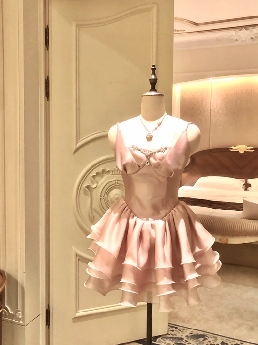 Pretty Pink Satin Beaded Layered A Line Short 16th Birthday Outfits Formal Homecoming Dress D241