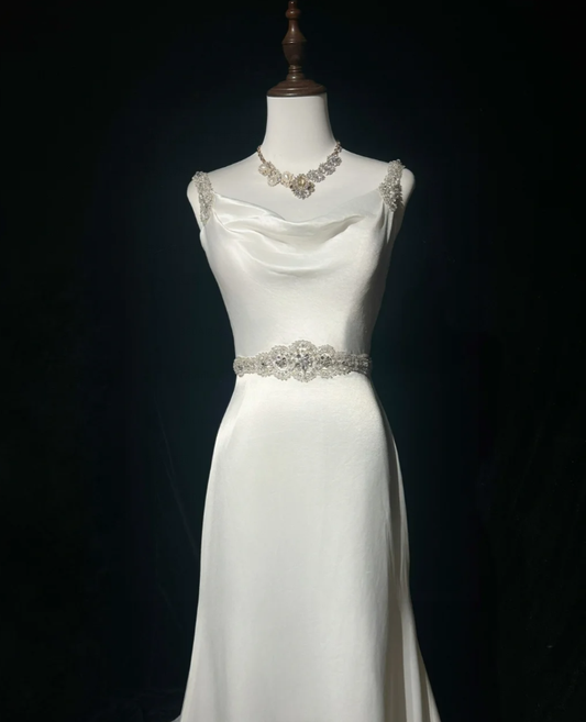 Pretty White Satin Beaded Mermaid Long Wedding Guest Dress Formal Party Dress Evening Gown