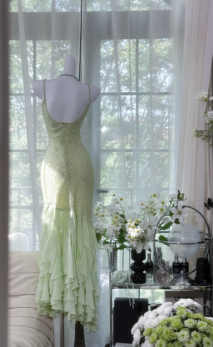 Pretty Spaghetti Straps Light Green Chiffon Beaded  Ruffles Mermaid Evening Dress Long Party Dress D1555