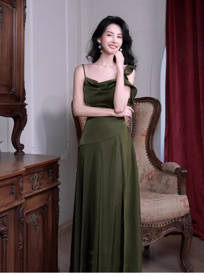 Vintage Olive Green Satin Slit Long Prom Dress Birthday Party Dress SP2008