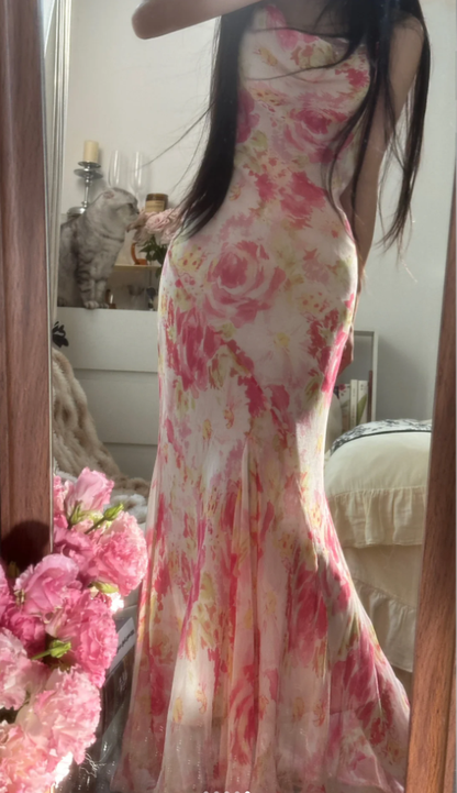 Fairy Spaghetti Straps Pink Chiffon Rose Floral Mermaid Long Party Dress 18th Birthday Outfits D2301