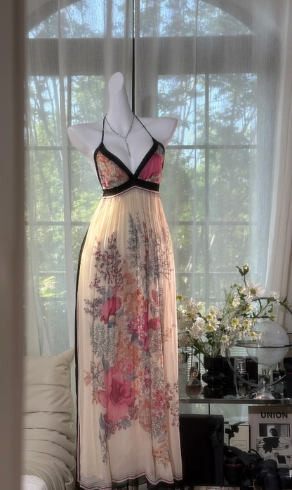Pretty Halter V Neck Chiffon Print Floral Backless Long Prom Dress Evening Gown