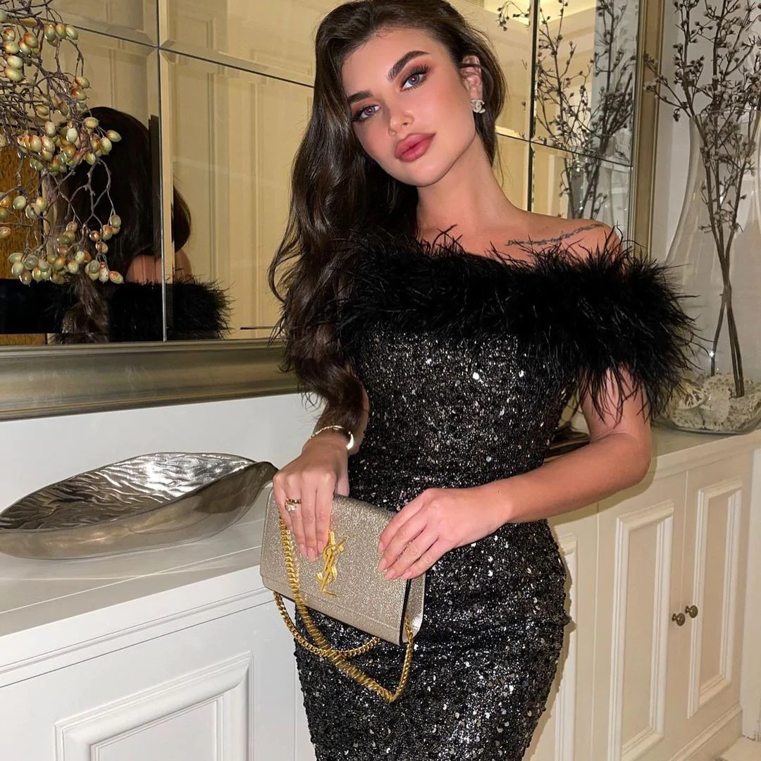 Black Bling Sequines Mini Formal Dresses Feathers Sheath Cocktail Party Dress Aboev Knee Women Occasion Gowns c3315