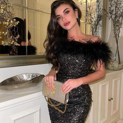 Black Bling Sequines Mini Formal Dresses Feathers Sheath Cocktail Party Dress Aboev Knee Women Occasion Gowns c3315