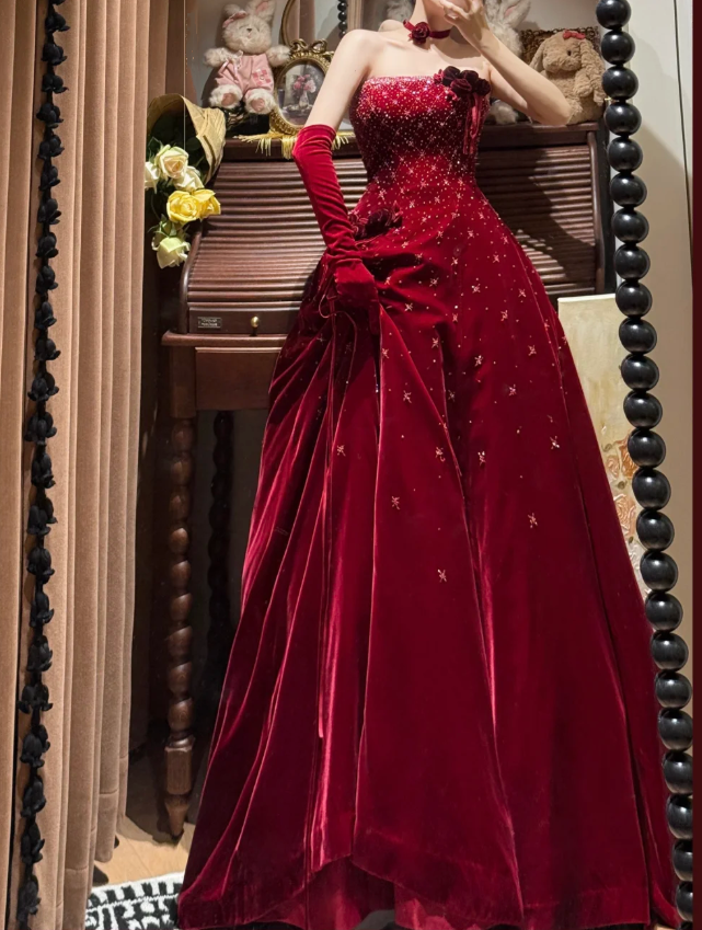 Pretty Burgundy Strapless Velvet Beaded Long Birthday Party Dress Evening Dress D2040