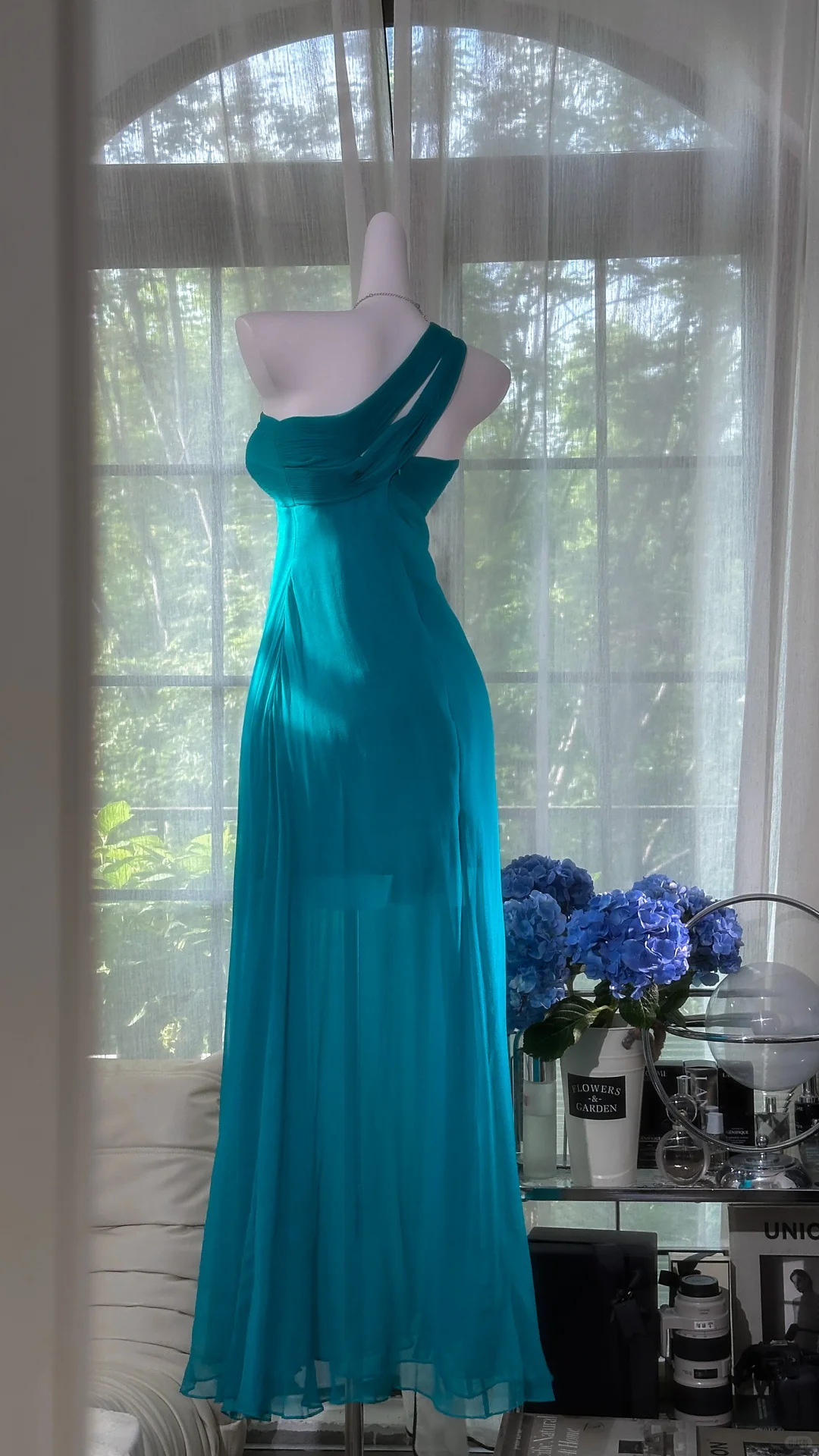 Elegant One Shoulder Blue Chiffon Long Prom Dress Formal Party Gown