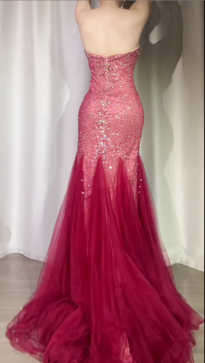 Sparkly Burgundy Strapless Tulle Beaded Mermaid Long Evening Dress Formal Birthday Party Dress D1882