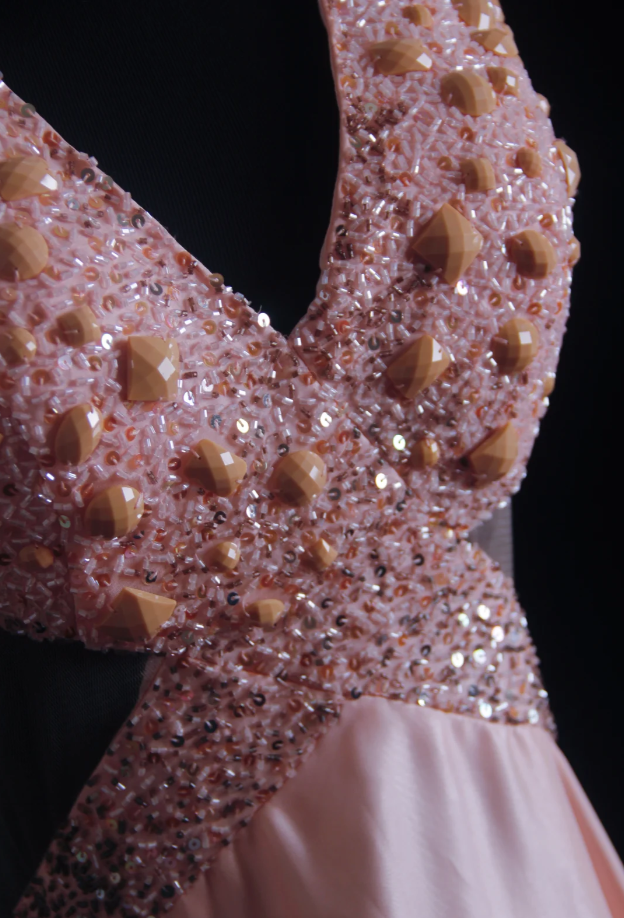 Gorgeous Pink Halter V Neck Satin Beaded Mermaid Long Party Dress Backless Evening Dress D1998