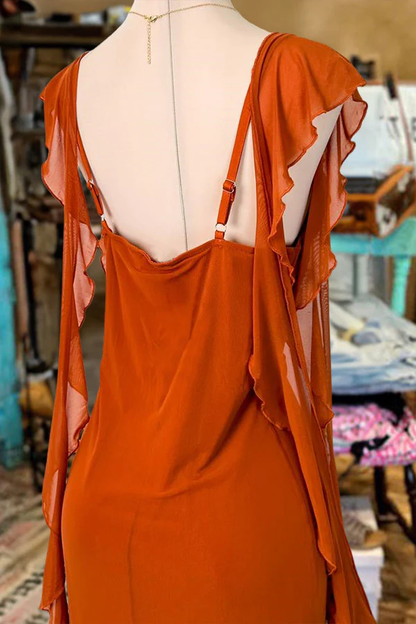 Elegant Orange Sheath Chiffon Ruffles Prom Dress,Long Party Evening Gown  cc2564