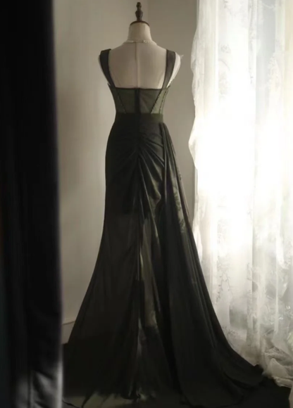 Vintage Green Spaghetti Straps Satin Beaded Mermaid Slit Long Evening Dress Party Gown