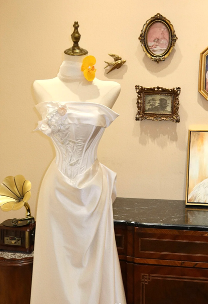 Classy Strapless White Satin Long Party Dress Formal Wedding Guest Dress With Appliques SP1880