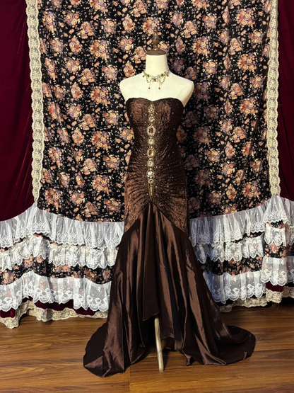 Vintage Strapless Chocolate Asymmetrical Satin Pleated Beaded Mermaid Long Party Dress Evening Dress Prom Dresses SP1600