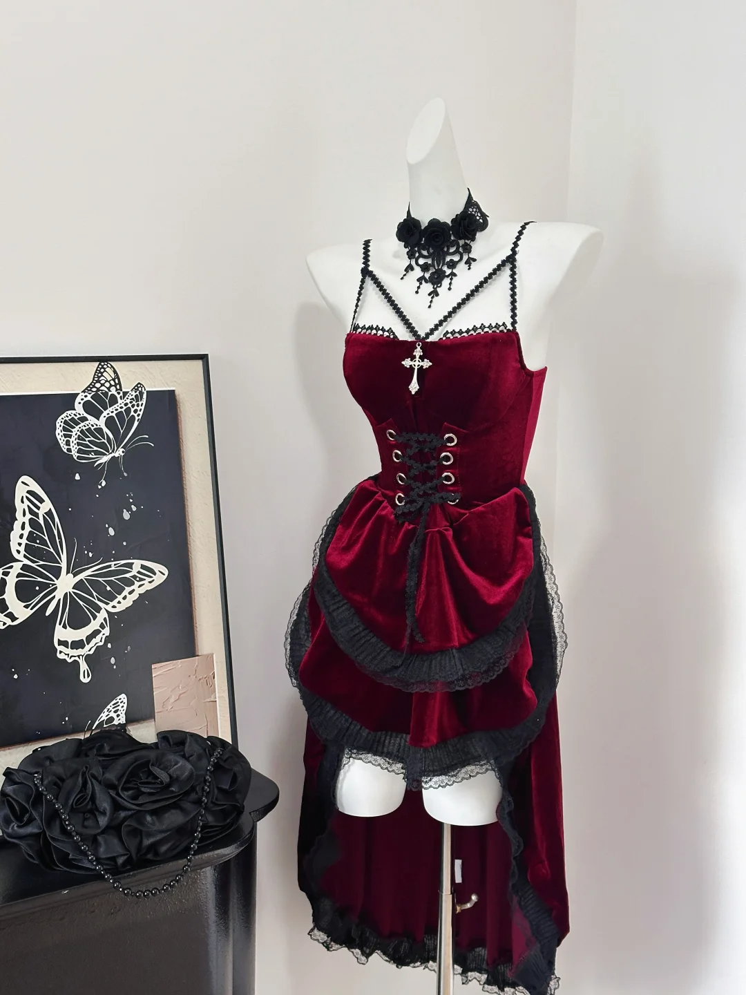 Pretty Red Velvet Lace Layered Birthday Dress Spaghetti Straps Short Graduation Homecoming Dress  S634