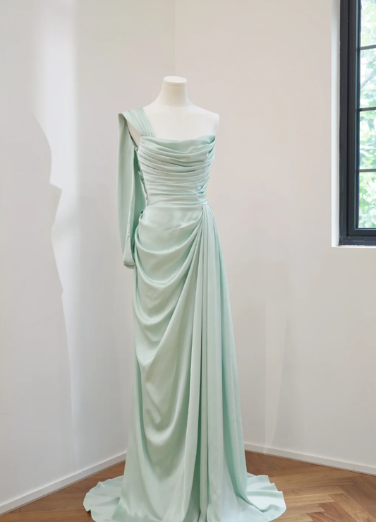 Classy Green Satin Mermaid Long Wedding Guest Dress Formal Bridesmaid Dress D2171