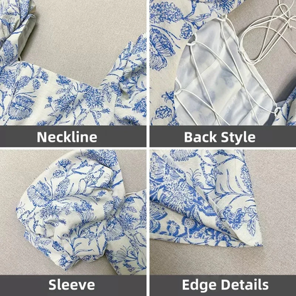 Chic Blue Satin Print Floral A Line Short Prom Dress Homecoming Dress D787