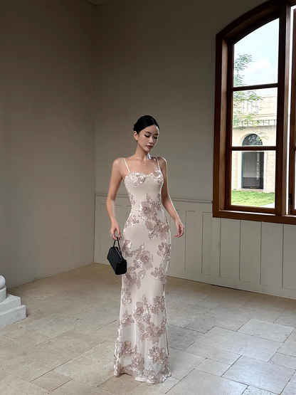 Unique Champagne Satin Floral Mermaid Evening Dress Spaghetti Straps Long Party Gown