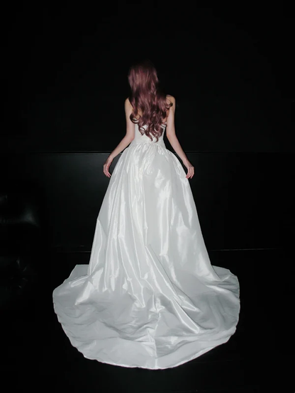 Pretty White Bow Strapless Satin Long Wedding Dress Formal Bridal Dress D1968