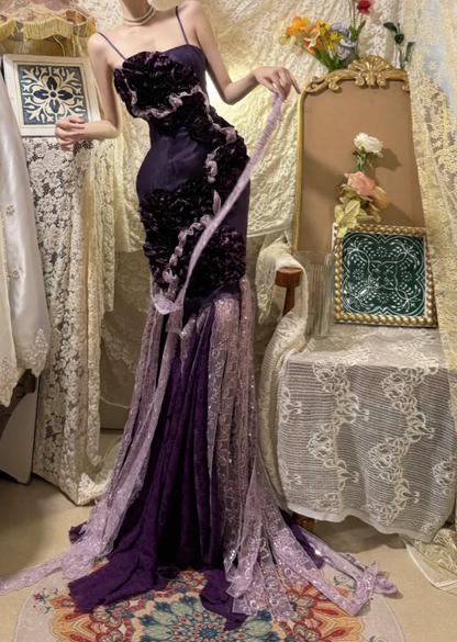Glamorous Purple Spaghetti Straps Satin Lace Pleated Mermaid Long Party Dress Formal Birthday Prom Dress Evening Gown