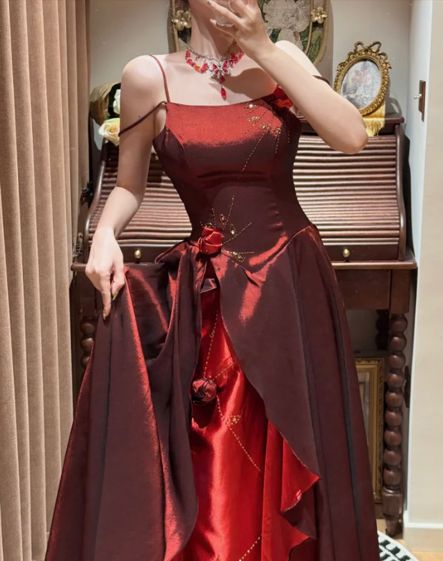 Vintage Spaghetti Straps Satin Beaded A Line Long Wedding Guest Dress,Burgundy Birthday Party Dress With 3D Flowers D2053