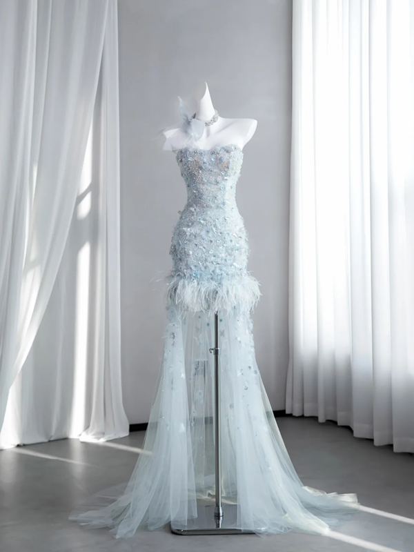 Light blue strapless, fitted, bodycon, sexy short ball gown/bridal dress R8428