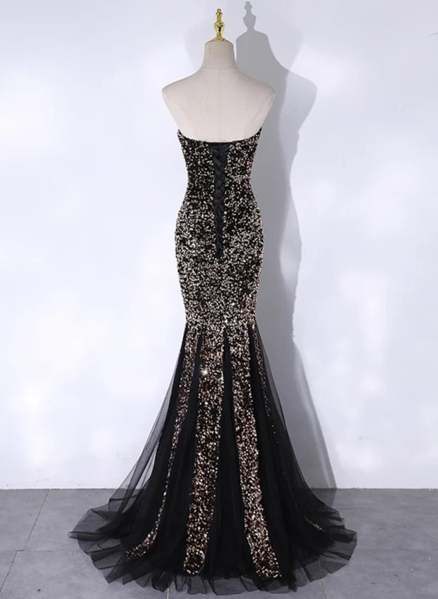 Shiny Black Strapless Sequins Tulle Mermaid Long Party Dress MD7343