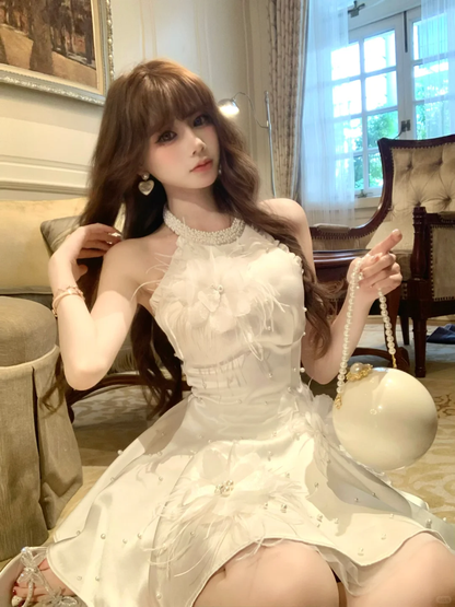 White halter neck slim waist A-line temperament short skirt homecoming dress R4253