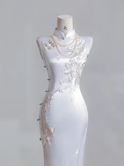 White Chinese-style cheongsam, fitted waist, elegant ball gown/bridal dress R8233