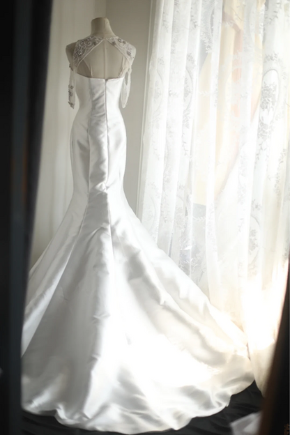White satin fitted mermaid long ball gown/bridal dress R6772