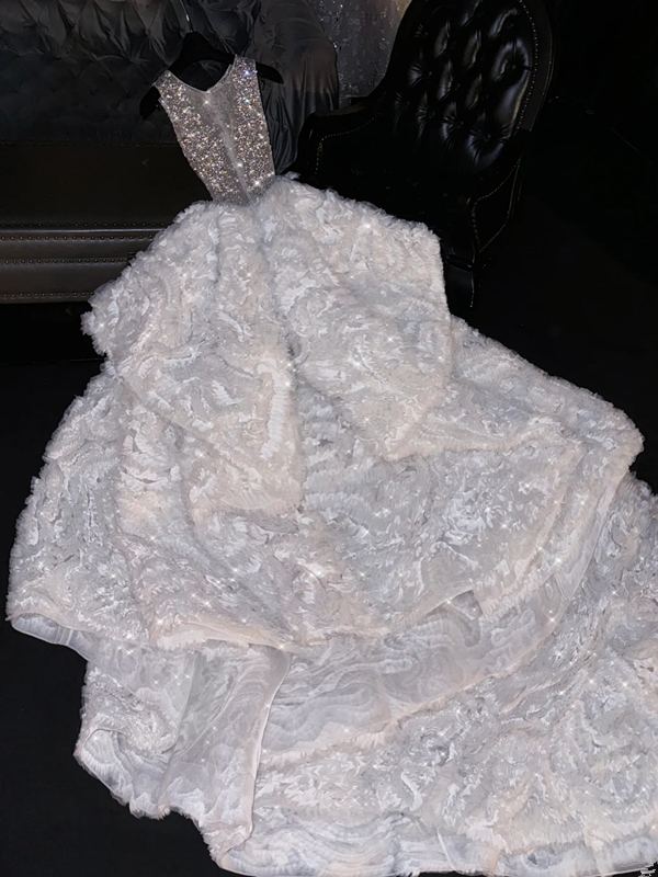Silver sequined bodice, white full-skirted long ball gown, bridal dress R8769