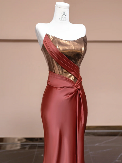 Champagne gold strapless dress with retro reddish-brown bodycon skirt, sexy ball gown/bridal gown R8283