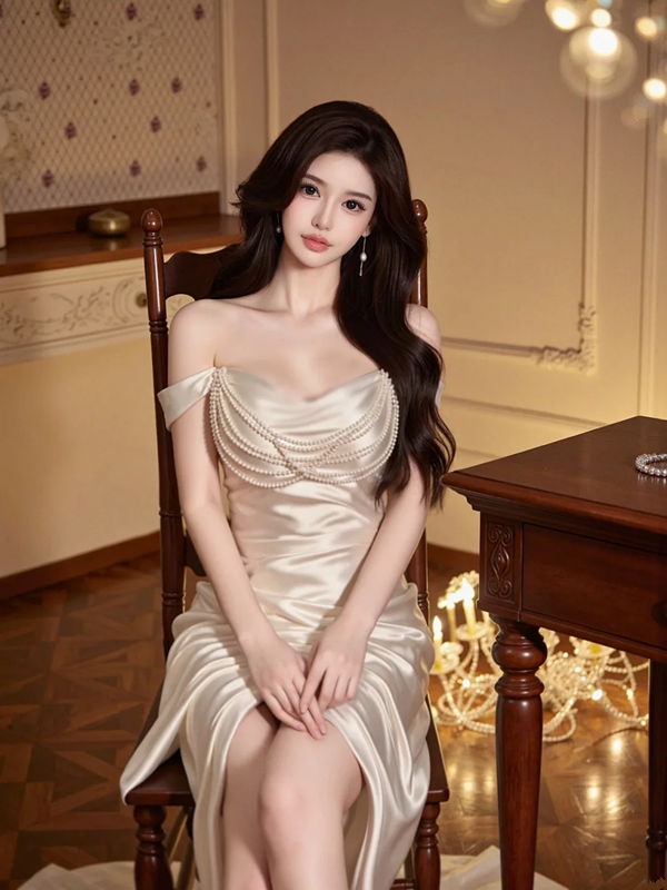 Champagne-colored halter-neck, fitted waist, bodycon long ball gown R7532
