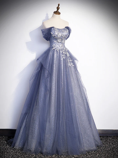 Charming Tulle Appliques A-Line Off Shoulder Formal Prom Dress MD7193